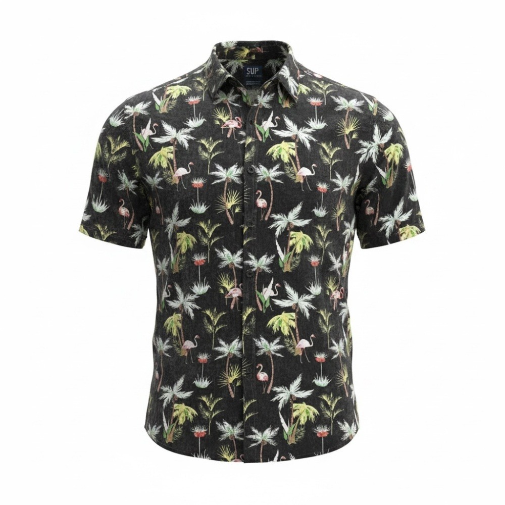 Super Massive M Black Flamingo Palm Tree Rayon Short Sleeve Button Down Shirt